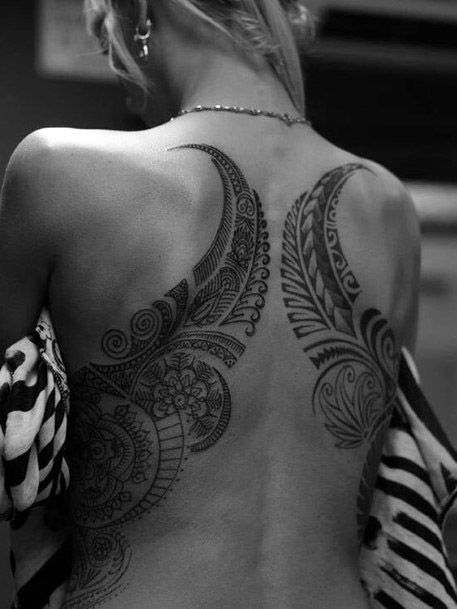 Detailed Feather Tattoo Womens Back Tribal Design