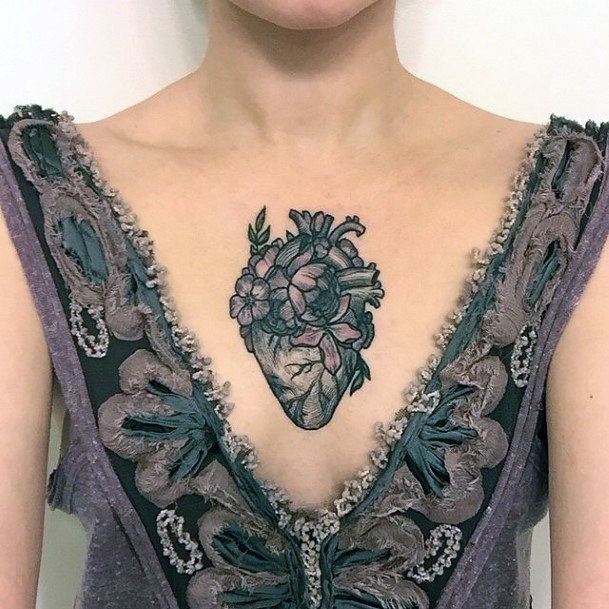 Detailed Heart Art Tattoo Womens Chest