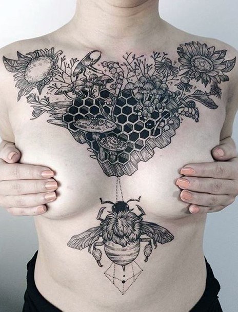 Detailed Honeybee Hive Tattoo Womens Chest