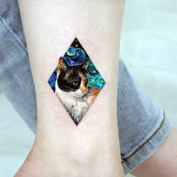 Diamond Framed Universe With Cat Tattoo For Women