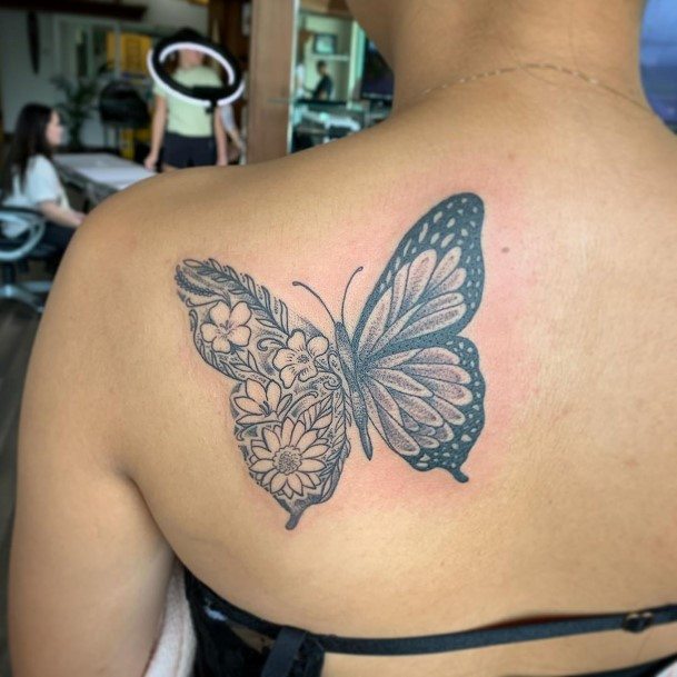 Different Winged Black Butterfly Tattoo Womens Back
