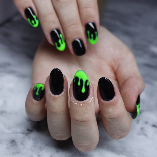 Distinctive Female Black And Green Nail Designs