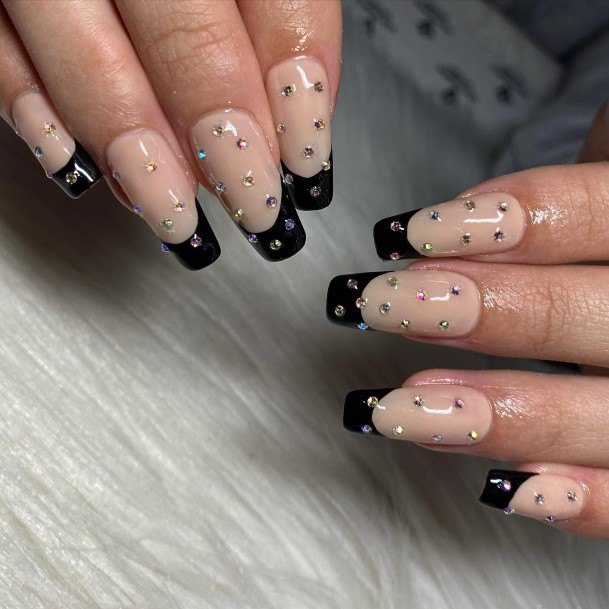 Distinctive Female Black With Rhinestones Nail Designs