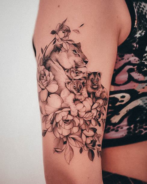 Distinctive Female Family Tattoo Designs Arm Flowers Lion