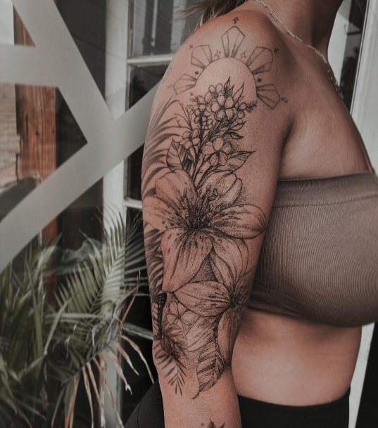 Distinctive Female Flower Sleeve Tattoo Designs