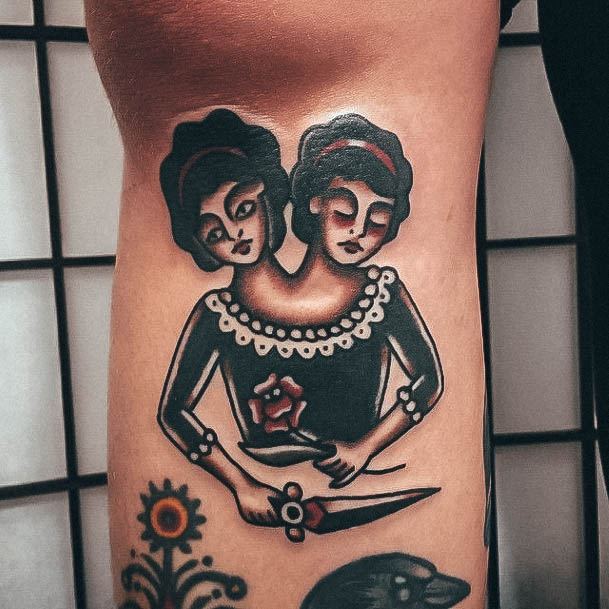 Distinctive Female Gemini Tattoo Designs Old School Traditional