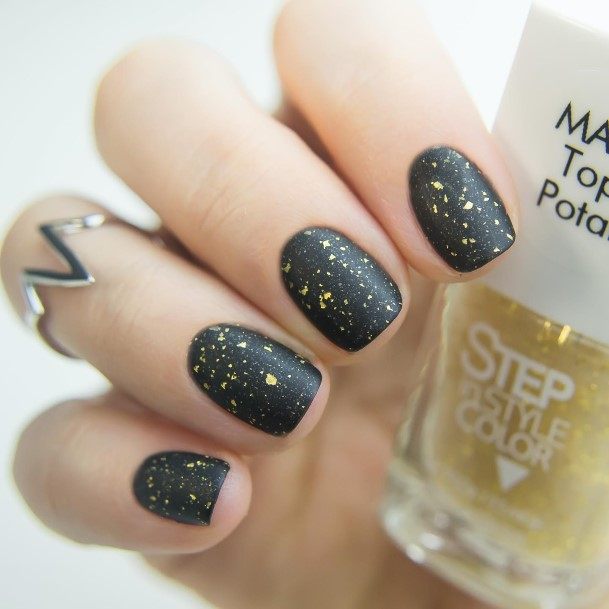 Distinctive Female Matte Black And Gold Nail Designs