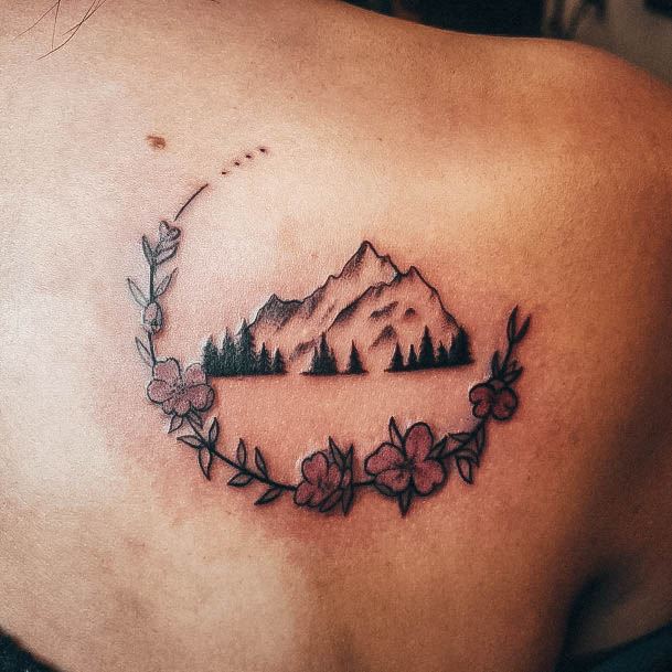 Distinctive Female Mountain Tattoo Designs With Flowers