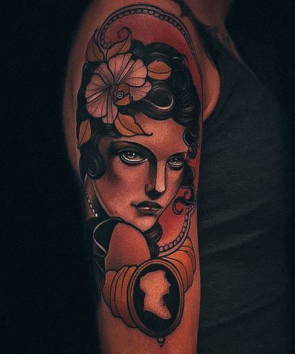 Distinctive Female Neo Traditional Tattoo Designs Arm Portrait