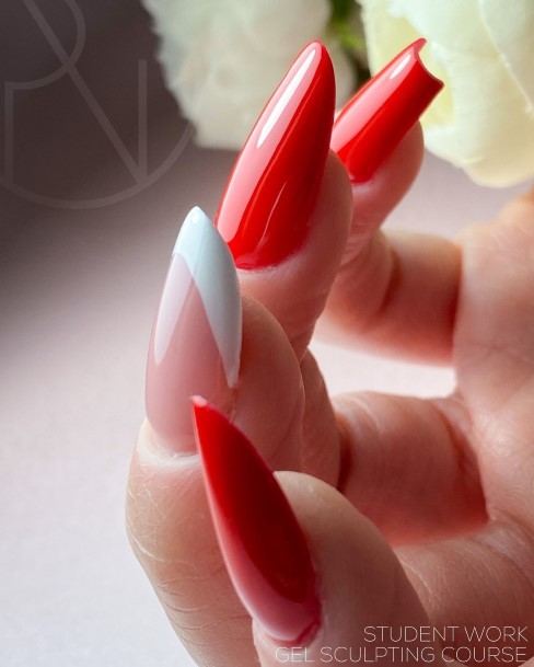 Distinctive Female Red And Nude Nail Designs