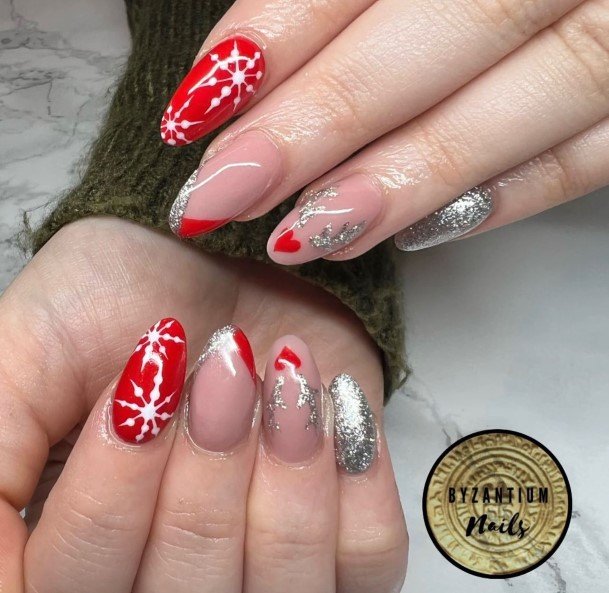 Distinctive Female Red And Silver Nail Designs
