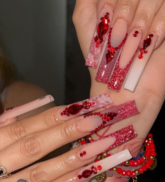 Distinctive Female Red With Diamond Rhinestones Nail Designs