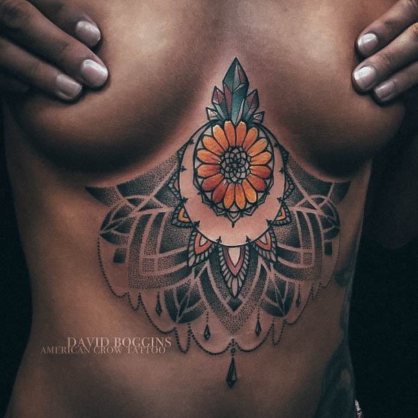 Distinctive Female Sternum Tattoo Designs Sunflower Orange
