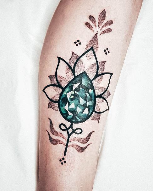 Distinctive Female Tattoo Designs Flower Dotwork Teal Gem