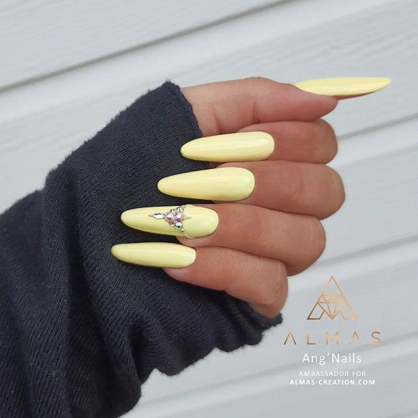 Distinctive Female Yellow With Diamonds Nail Designs