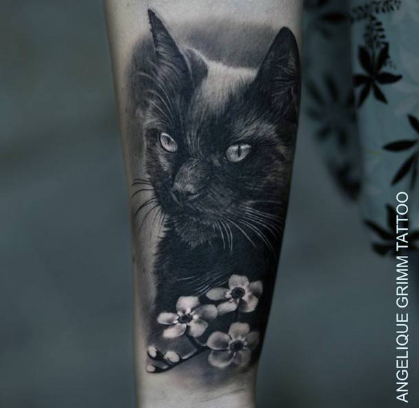 Divalike Black Cat With Flowers Tattoo For Women