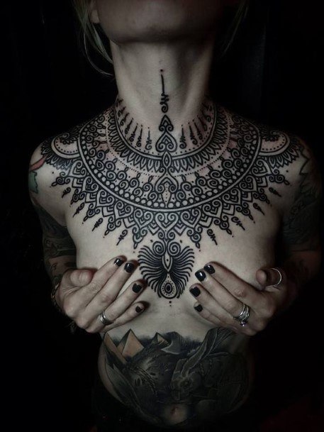 Divine Females Aztec Tattoo Chest Pattern Black Ink