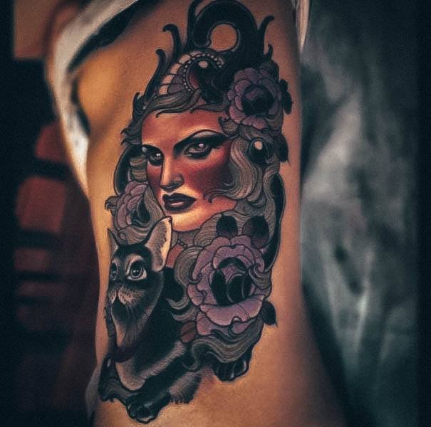 Divine Females Neo Traditional Tattoo Roib Cage Side Portrait With Purple Flowers