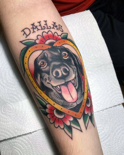 Dog In Heart Frame And Flowers Tattoo For Women Hands