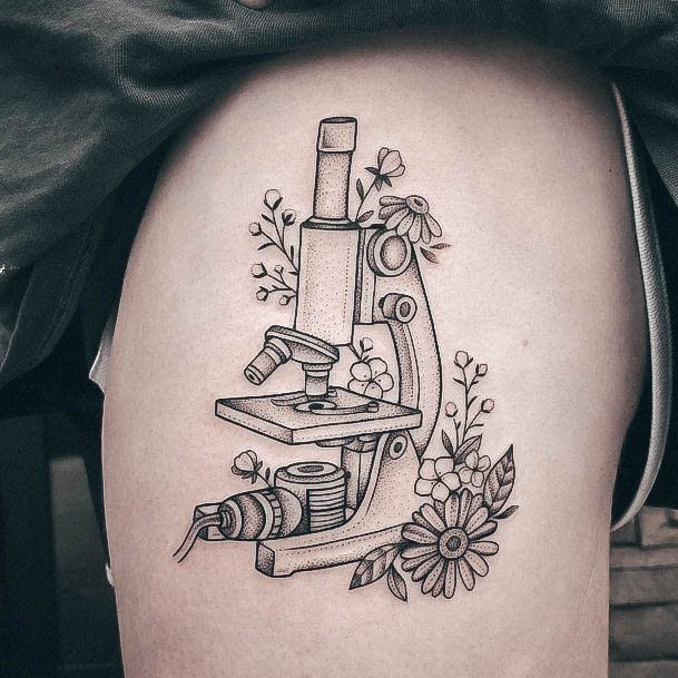 Dot Style Thigh Female Cool Microscope Tattoo Design