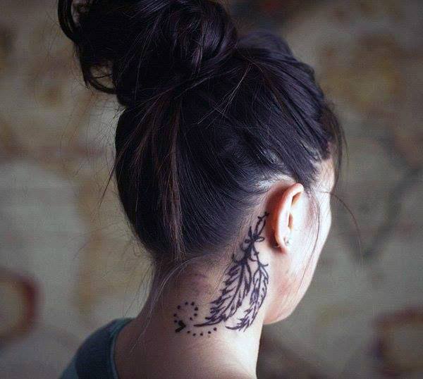 Dots And Feathers Neck Tattoo Women