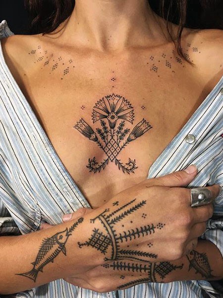 Dots And Lines Womens Chest Tattoo