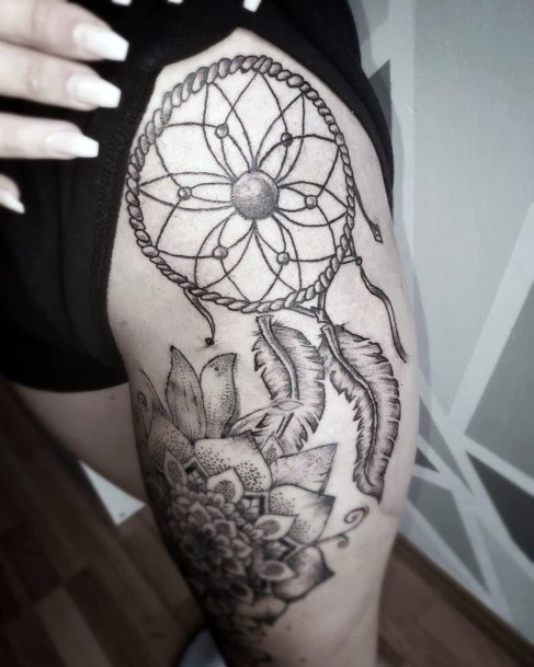 Dotted Black Dream Catcher Tattoo Womens Legs