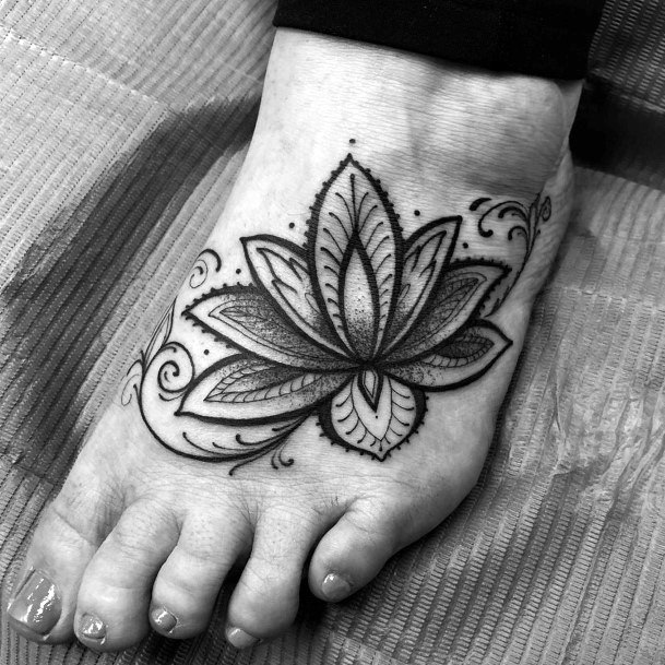 Dotted Black Grey Lotus Tattoo Womens Feet