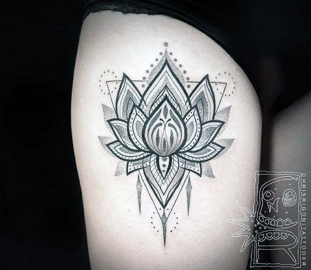 Dotted Dark Lotus Flower Women Tattoo