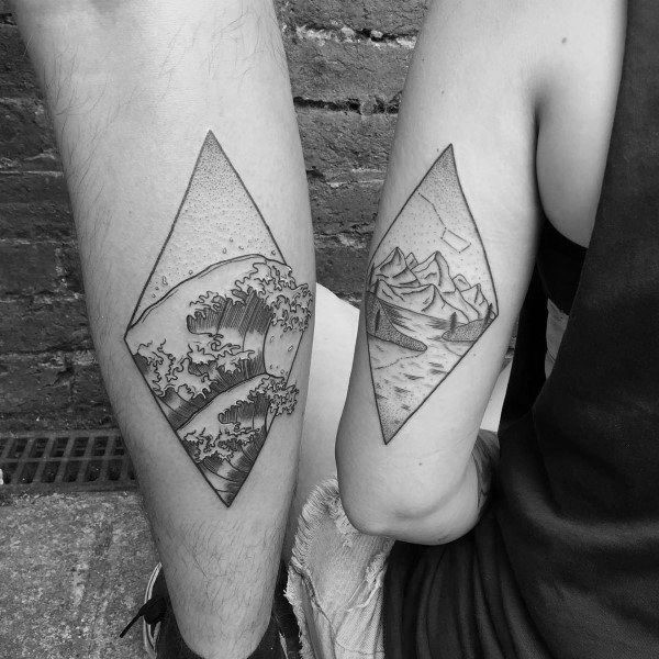 Dotted Diamond Framed Landscape Couple Tattoo Forearms