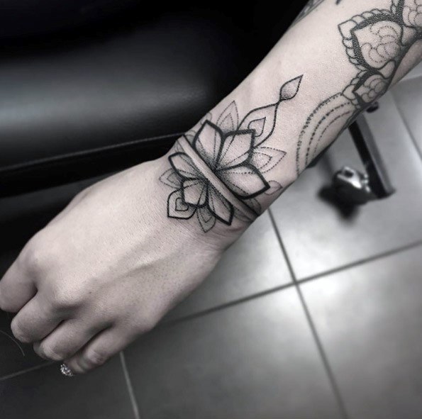 Dotted Floral Tattoo With Geometric Petal Tattoo Womens Wrists