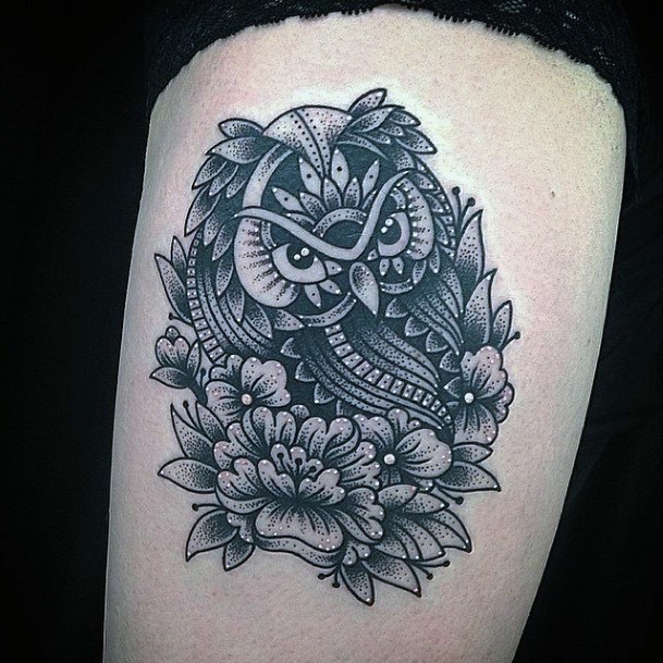 Dotted Grey Owl Tattoo With Flowers