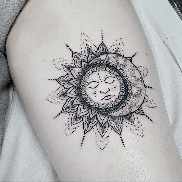 Dotted Grey Sun And Moon Tattoo For Women