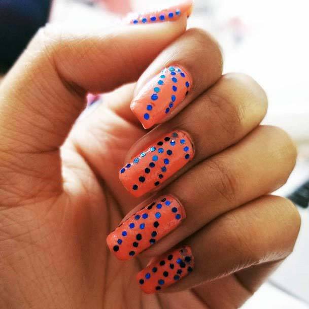 Dotted Shiny Blue Stickers On Orange Nails For Women