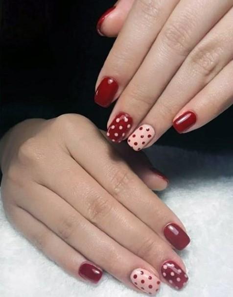 Dotted Short Pink And Red Nails For Women