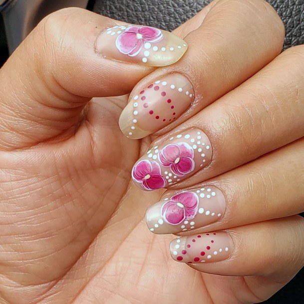 Dotted White And Pink Orchids Nail Art