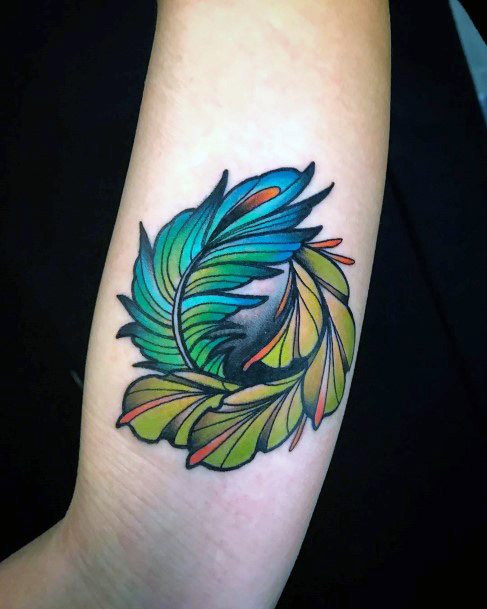 Double Toned Green Feather Tattoo Womens Arms