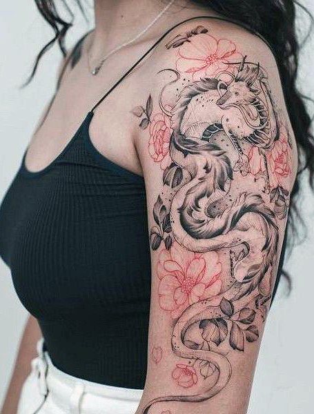 Dragon And Flowers Tattoo Womens Half Sleeve Art