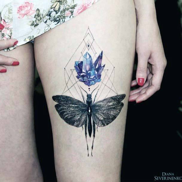 Dragon Fly And Blue Crystal With Geomteric Lines Tattoo Womens Thighs