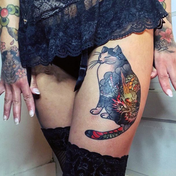 Dragon Inside Big Fat Cat Tattoo Womens Thighs