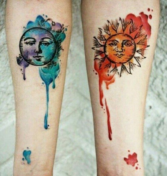 Dripping Colored Moon And Sun Tattoo Couples Forearms