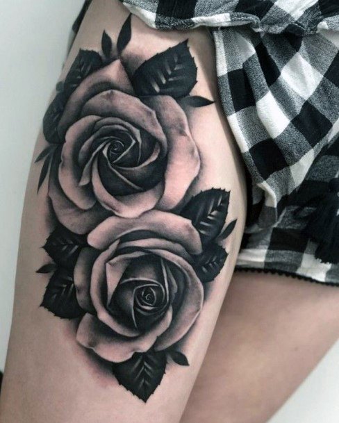 Dual Black Roses Tattoo Womens Thighs