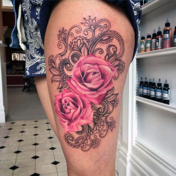 Dual Roses Tattoo Womens Thighs