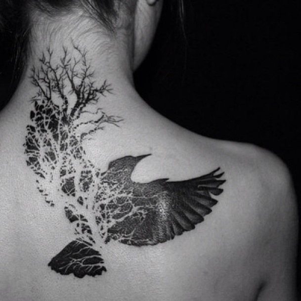 Dying Tree And Flying Bird Tattoo Womens Back