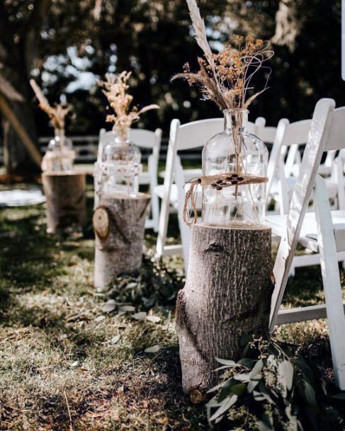 Earthy Wedding Aisle Decor Tree Stump Wild Flower Outdoor Inspiration