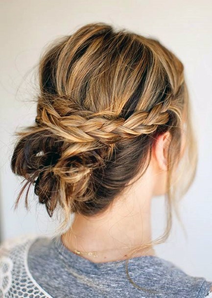 Easy Styled Updo Hairstyles For Women With Braided Buns In Medium Brown