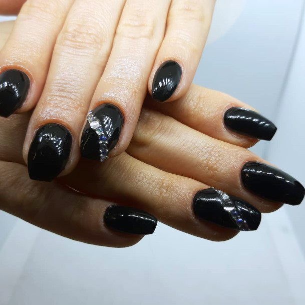 Ebony Black Nails With Rhinestone Curve Art For Women