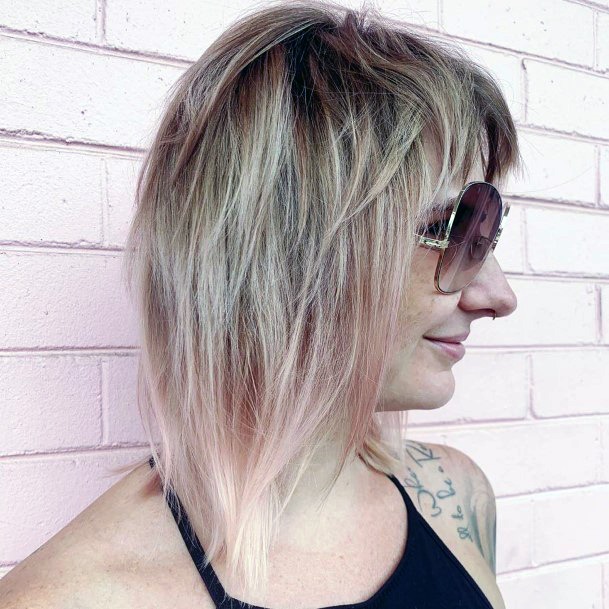 Edgy Blonde Shoulder Length With Pink Ends And Bangs Airy