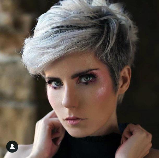 Edgy Dark Rooted Shiny White Blonde Layered Pixie Womens Hairstyle