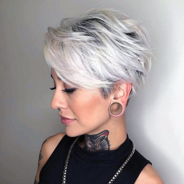 Edgy Modern Throat Tattoo Platinum White Gray Asian Garcon For Women